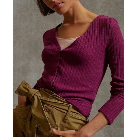 Maeve by Anthropologie Meryl plum metallic cardigan sweater M purple long sleeve - Picture 1 of 10